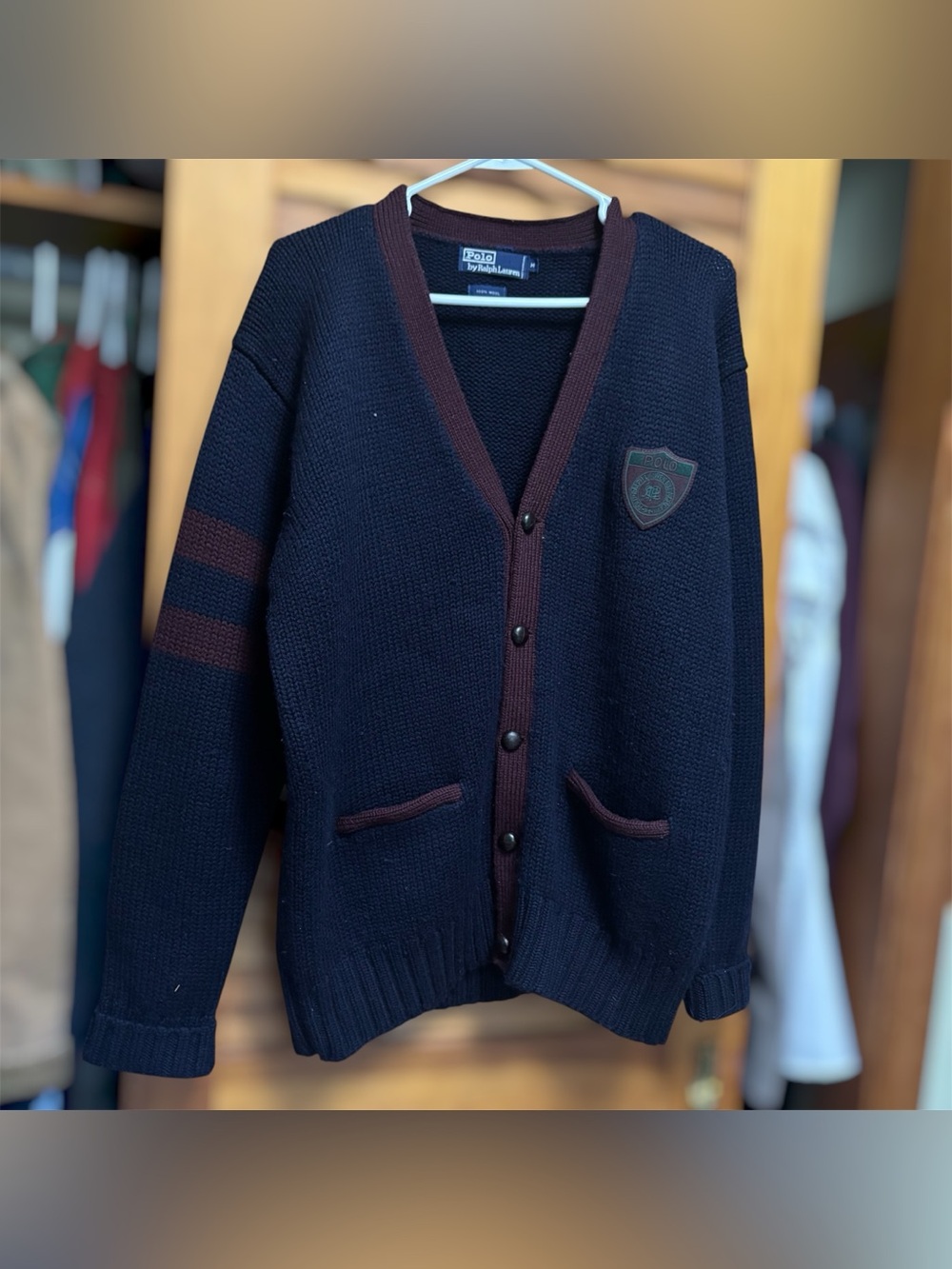 Vintage 90s Polo Ralph Lauren Scribble Crest Shield 100% Wool Cardigan Sweater M